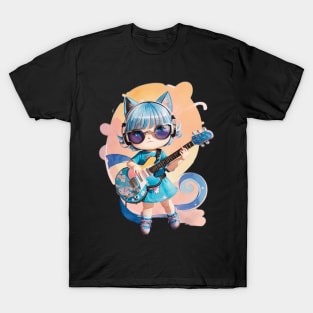 Anime Cat Playing Electric Guitar T-Shirt